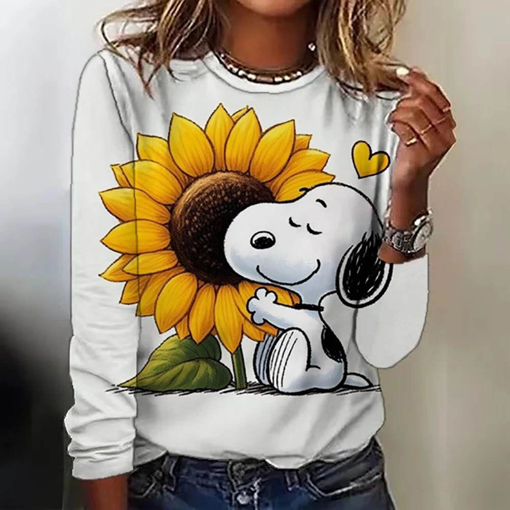 2024 Women's Autumn Casual T-Shirt Fashion Snoopy Print Long-Sleeved Pullover New Oversized Round Neck Loose Top