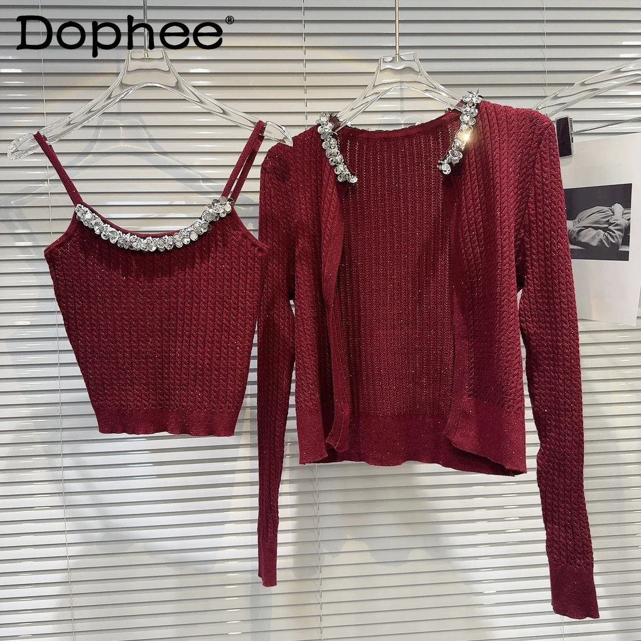 

2024 Autumn New Silver Sequin Tank Tops + Knitted Jacket Two-piece Sets Womens Outfits Sweet Knitted Cardigan Crop Top