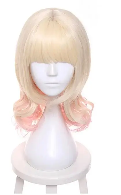 40cm Pink Blonde Mix Curly Medium Flat Bangs Styled Synthetic Hair Cosplay Full Wigs