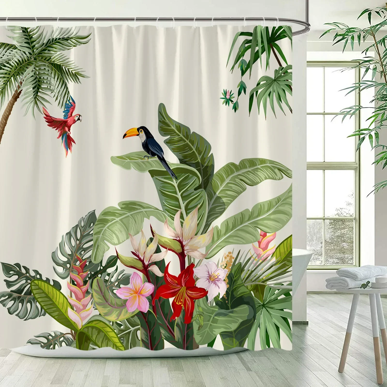 Tropical Jungle Animals Shower Curtains Giraffe Elephant Leopard Tiger Parrot Palm Trees Plant Modern Bathroom Decor with Hooks