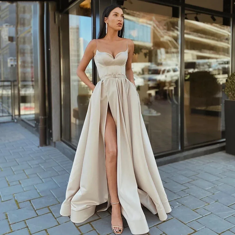 

20221 Simple Sexy Satin Evening Dresses Long Spaghetti Strap A Line Sweetheart High Split Prom Party Downs Vestidos Formales