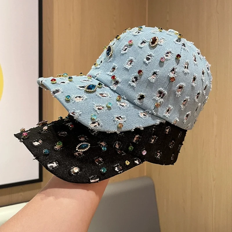 Fashionable Women’s Denim Washed Baseball Cap: Colorful Rhinestone Sun Hat for Sun Protection, Travel, and Vacations—Peak Cap