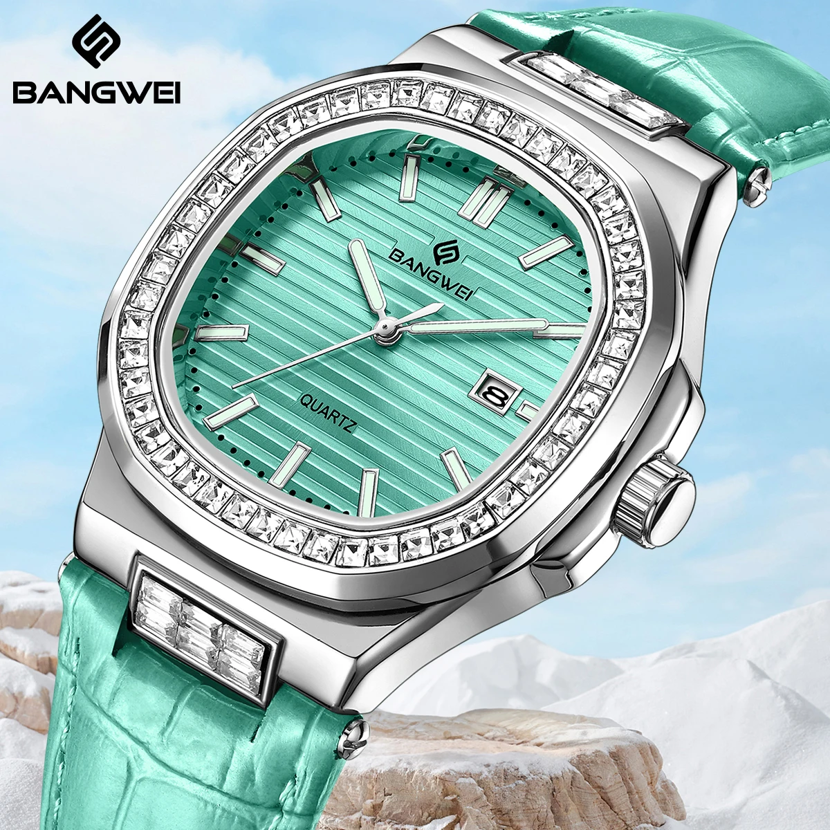 

Модные элегантные кварцевые женские часы BANGWEI, простые часы с бриллиантами, водонепроницаемые кожаные повседневные женские наручные часы с автоматической датой, подарочная коробка