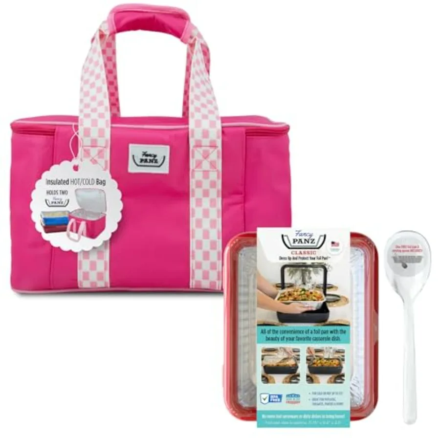 

Розовая изолированная сумка-переноска Fancy Panz Bundle + красная классическая сумка-переноска из фольги Made in the USA для хранения запеканки в путешествиях с D