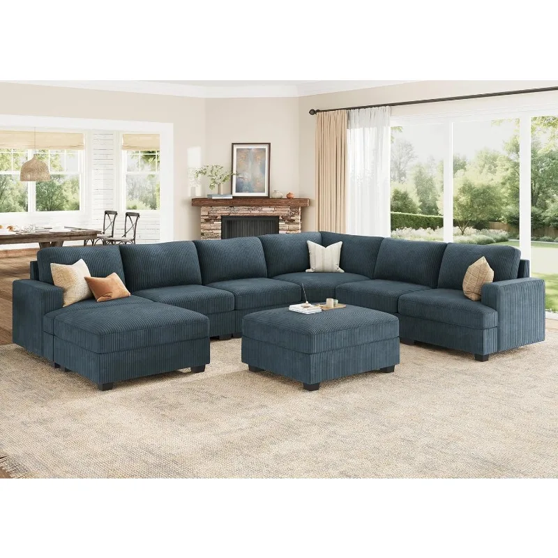 

home.Sectional Sofa with Storage Ottoman, Corduroy Modular Sectional Couch, U Shape Sectional Couches for Living Room, Bl