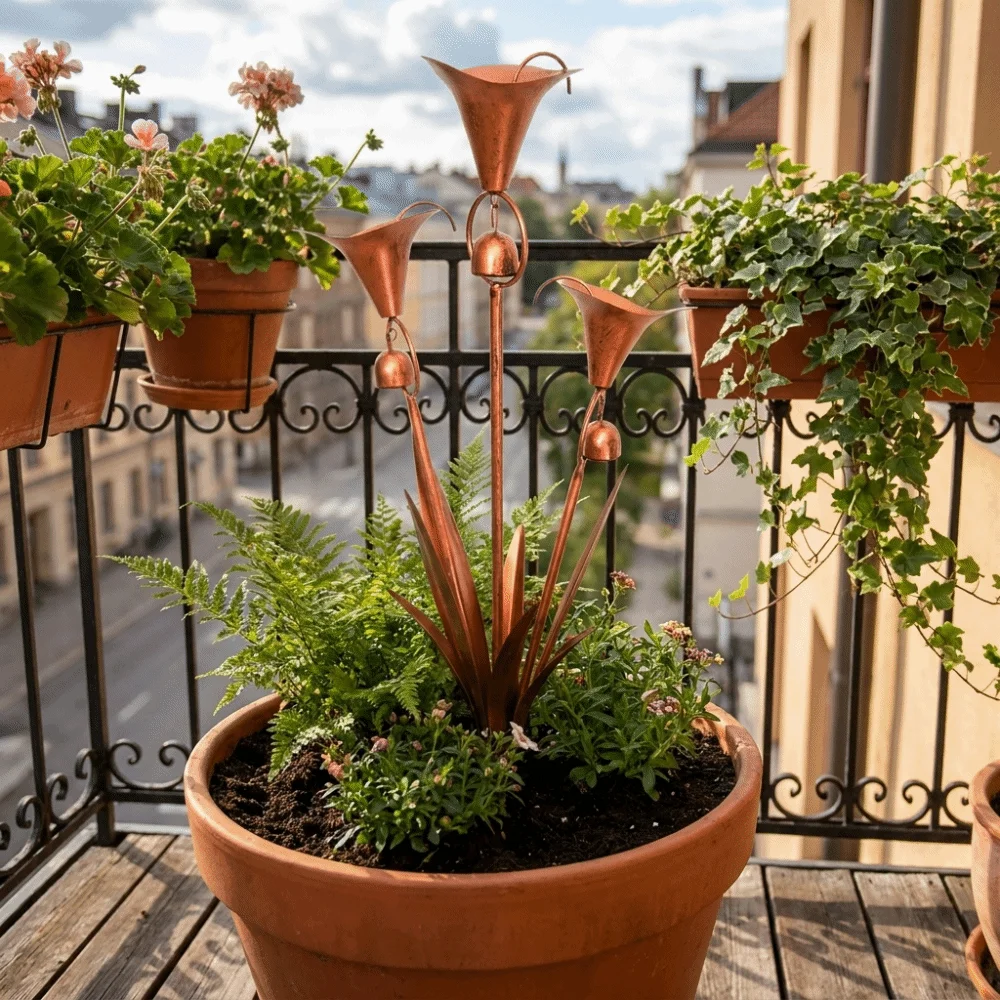 Weatherproof Metal Floral Garden Stake Handcrafted Retro Three Calla Lilies Sculpture with Bells Garden Sculpture Pathway