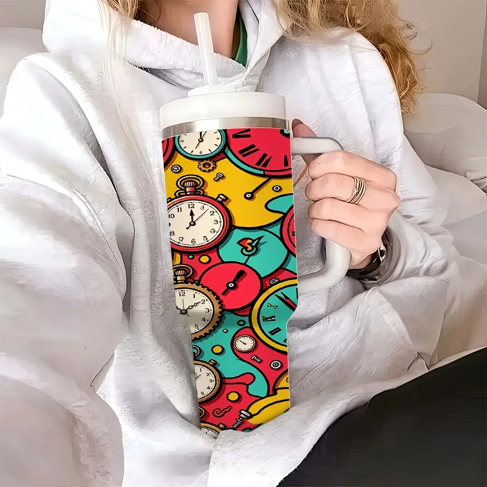 Halloween And Christmas 40Oz Insulated Tumbler with Handle And Straw Lid, Retro Colorful Cartoon Pocket Watch Print Reusable Water Coffee Cup, for Home Office Outdoor Travel Camping Daily Use