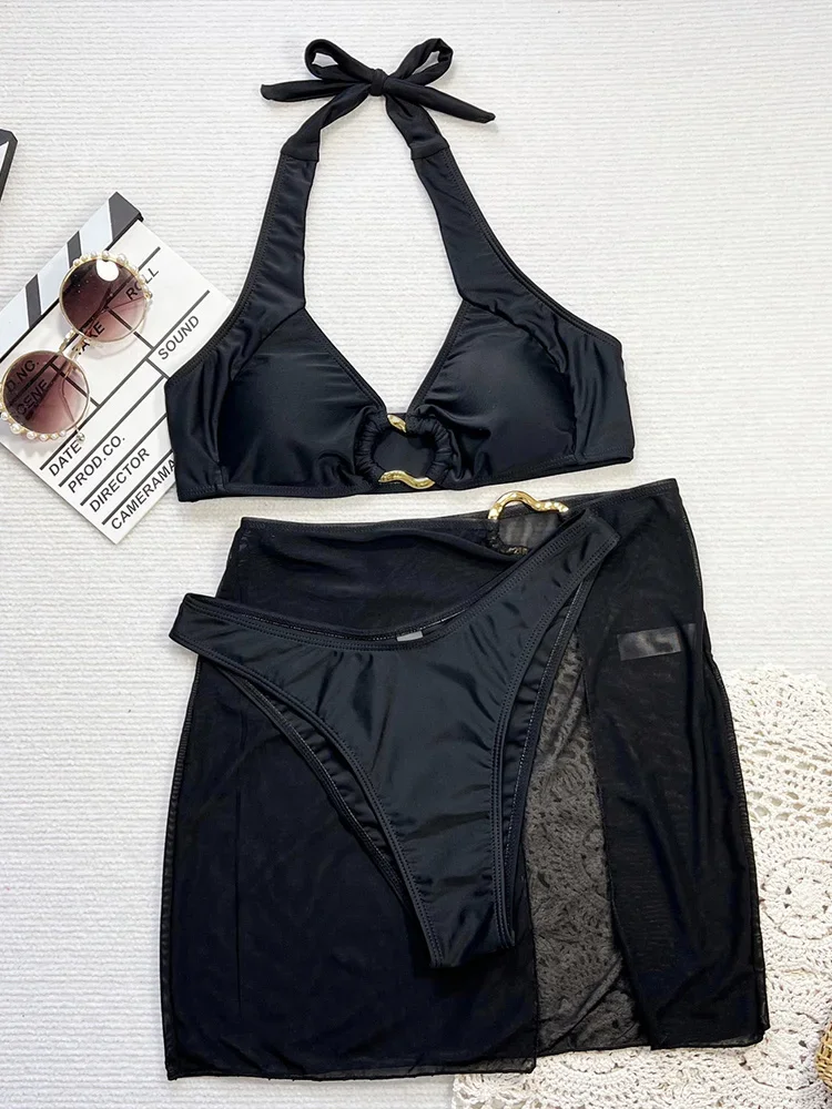 Сексуальное бикини со шнуровкой и открытой спиной, комплект из 3 предметов, женский разделенный купальник с высокой талией, пляжное бикини, новинка 2025 года, летний купальник, комплект бикини