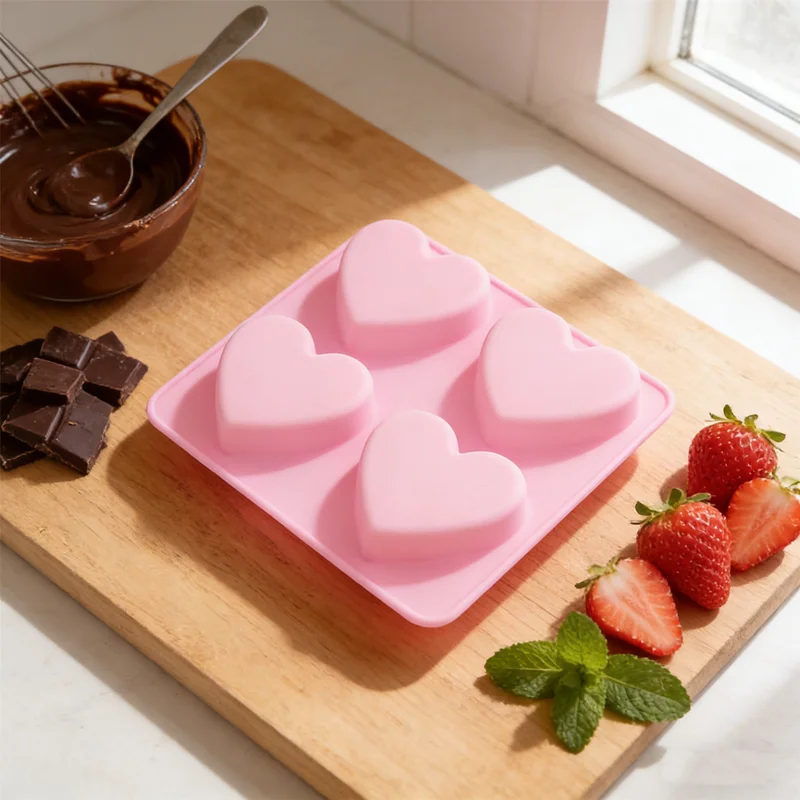 

2026 НОВАЯ 5,9 дюйма * 5,9 дюйма пищевая силиконовая форма с 4 полостями, антипригарная форма в форме сердца для мыла и свечи, легкосъемный инструмент для рукоделия своими руками