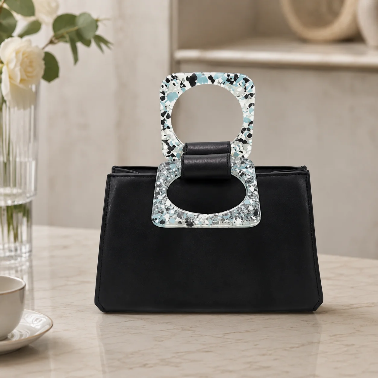 Women Elegant Black PU Leather Top Handle Bag Terrazzo Acrylic Handle Evening Clutch Handbag for Party Wedding Daily Use