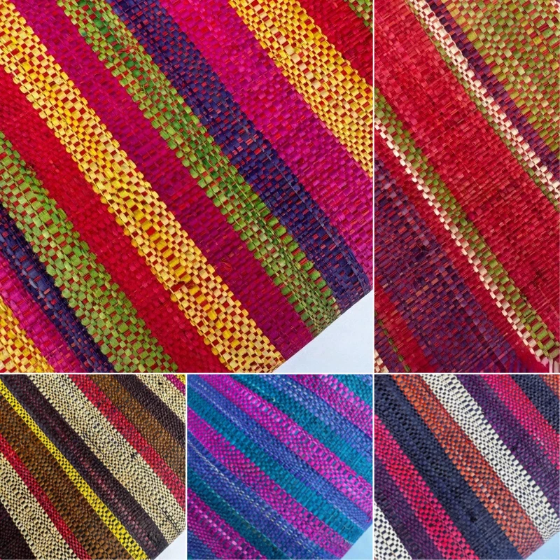 55x150cm Vintage Color Striped Raffia Mat PP Grass Dyed Woven Fabric Ultra Breathable Soft Skin-Friendly for DIY Handbag Etc
