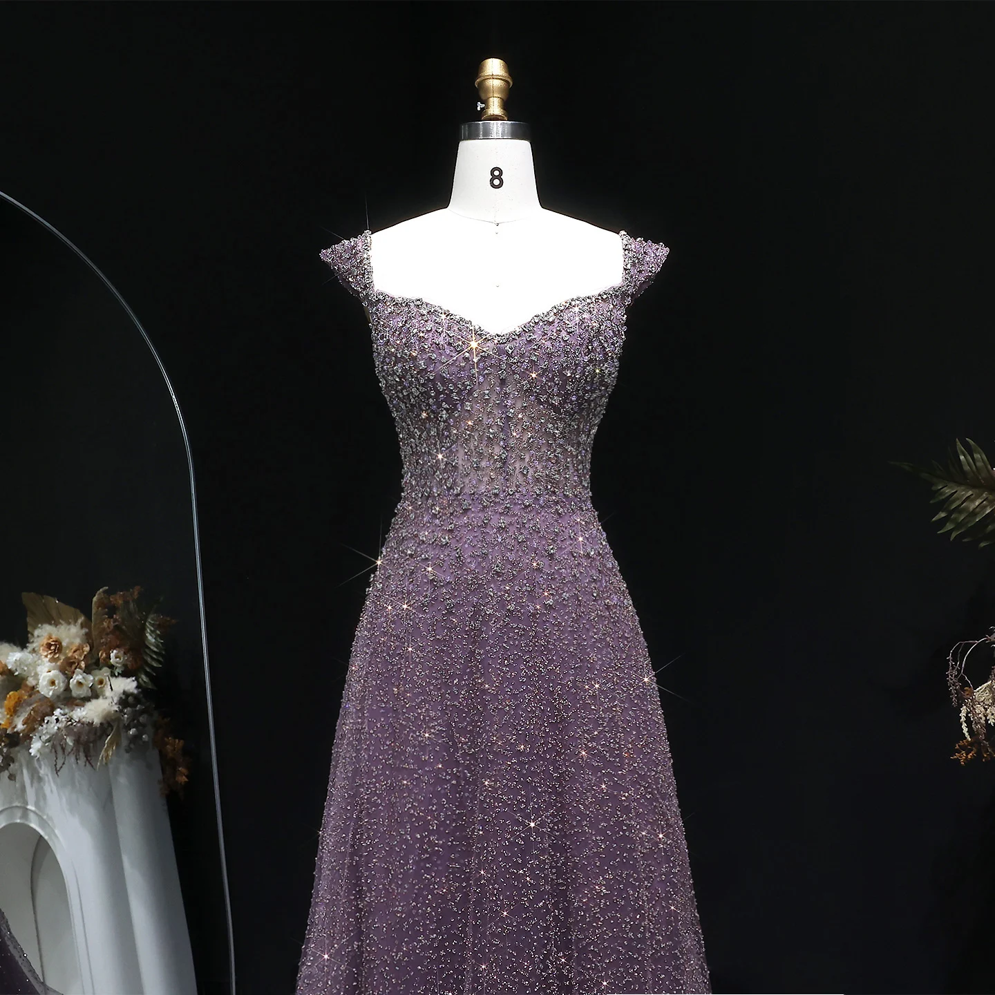 Sharon Said Luxuriöses, perlenbesetztes, langes Abendkleid in A-Linie mit Kristallen für arabische Hochzeiten, formelles Partykleid SS703, maßgeschneidert – Detail 6