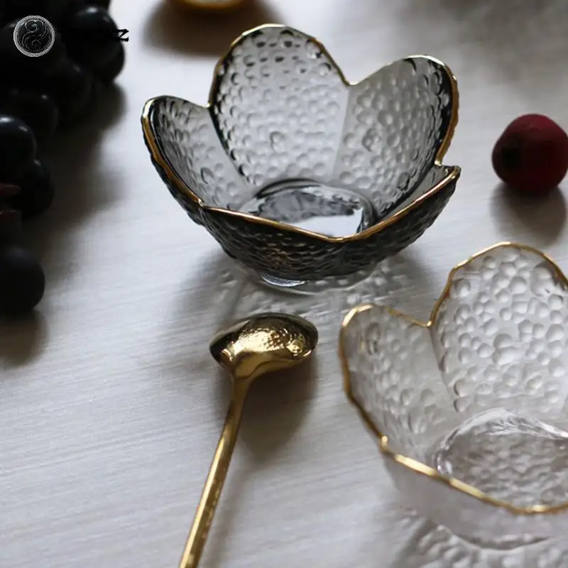 New Small Glass Dish Nodic For Ice Cream Fruit Sala Gold Inlay Sauce Bowl Cherry Blossoms Seasoning Plate Kitchen Supplies