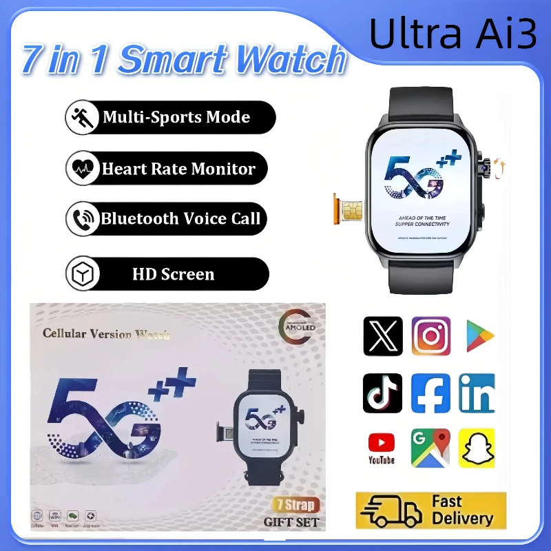

New 5G Smartwatch Ultra Ai3 Android 180° Rotating Camera 4G sim card Call Google Play GPS WIFI Amoled HD Display Smart Watch Men