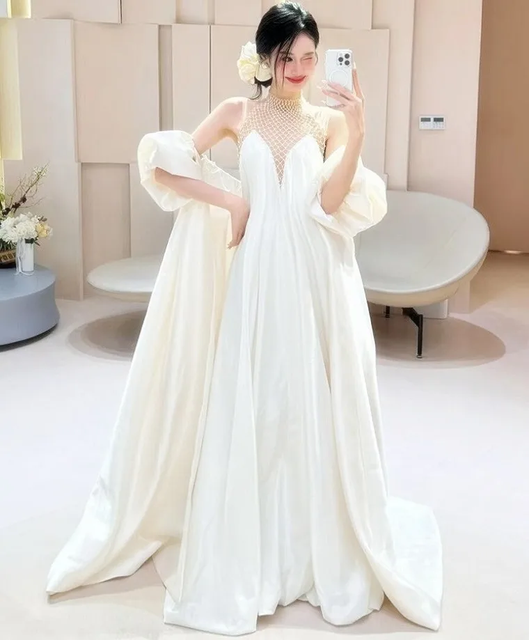 

French Trend Lightweight Wedding Dress Satin Texture Minimalist Ethereal Apparel Bridesmaid Engagement Parties Morning Gown TP98