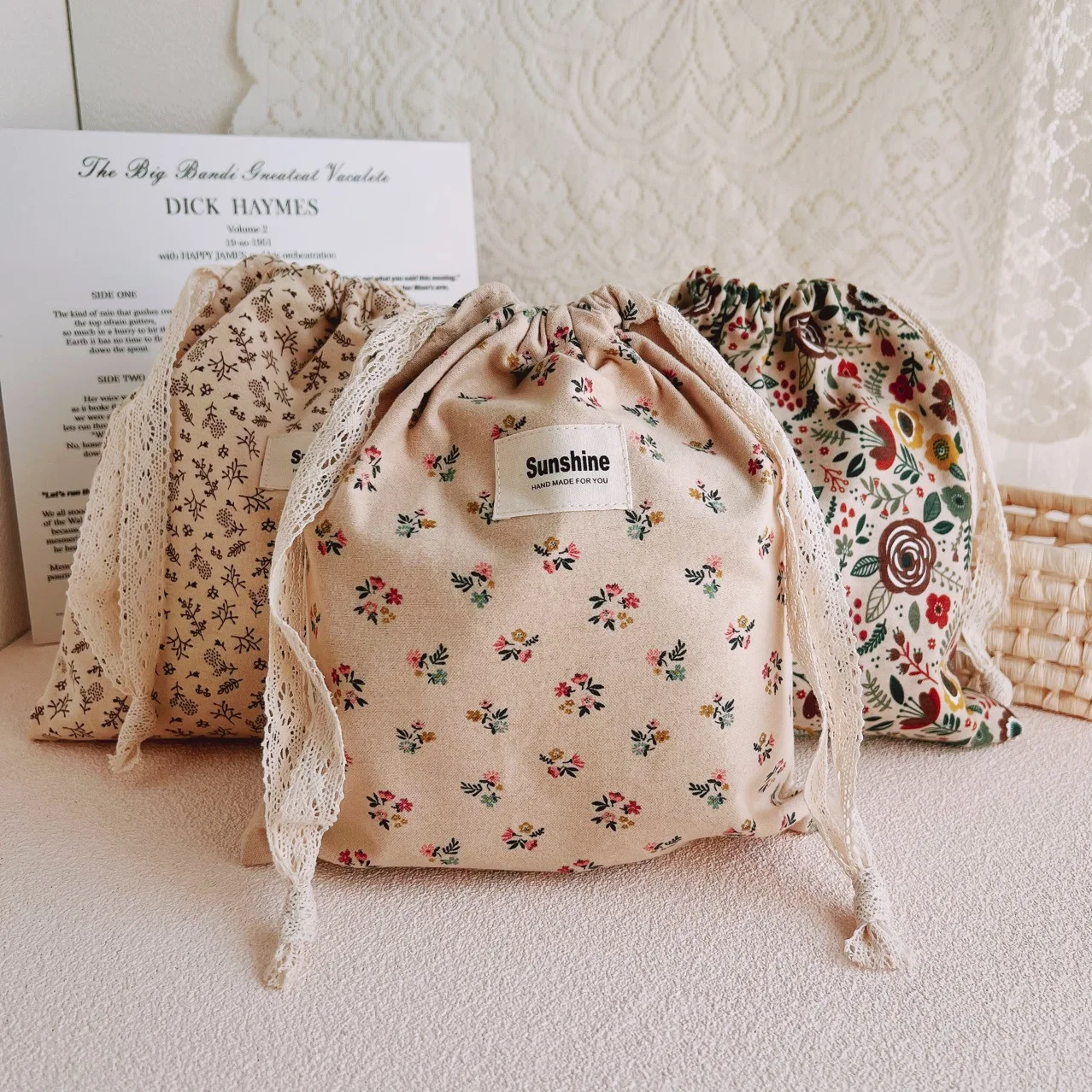Printed Floral Mommy Diaper Bag Cotton Nappy Storage Tote Drawstring Pocket Stroller Travel Carry Bag Baby Outdoor