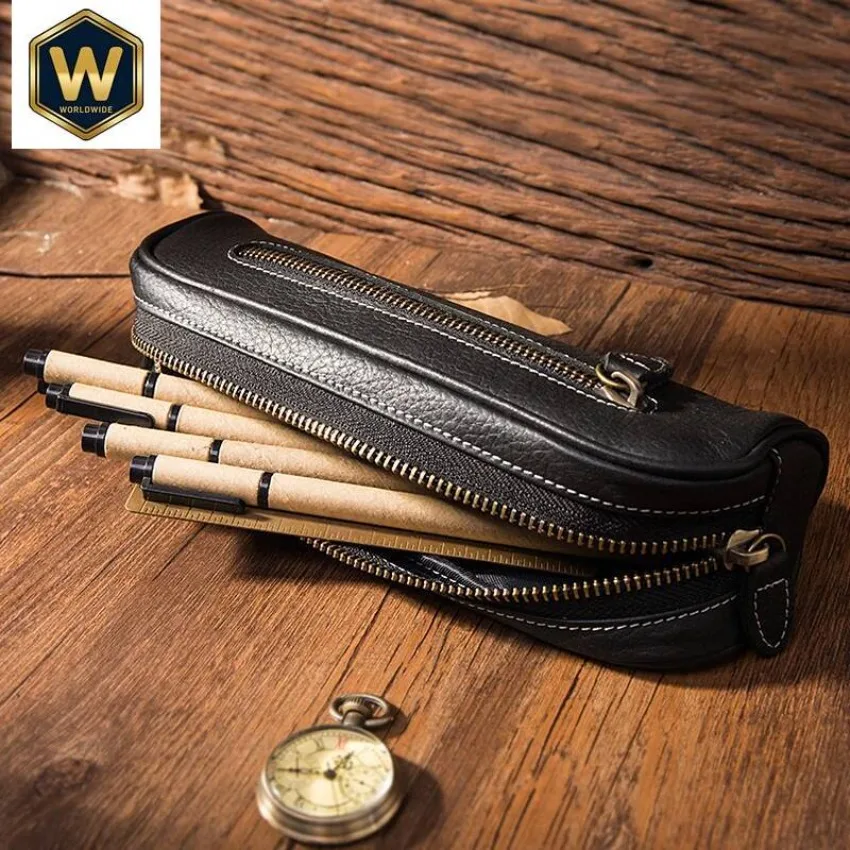 2019 New Handmade 100% Genuine Head Layer Cowhide Pen Bag - Large Capacity Leather Pencil Pouch