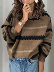 women's patchwork metal striped sweater jumper OL commuter loose sweater for women