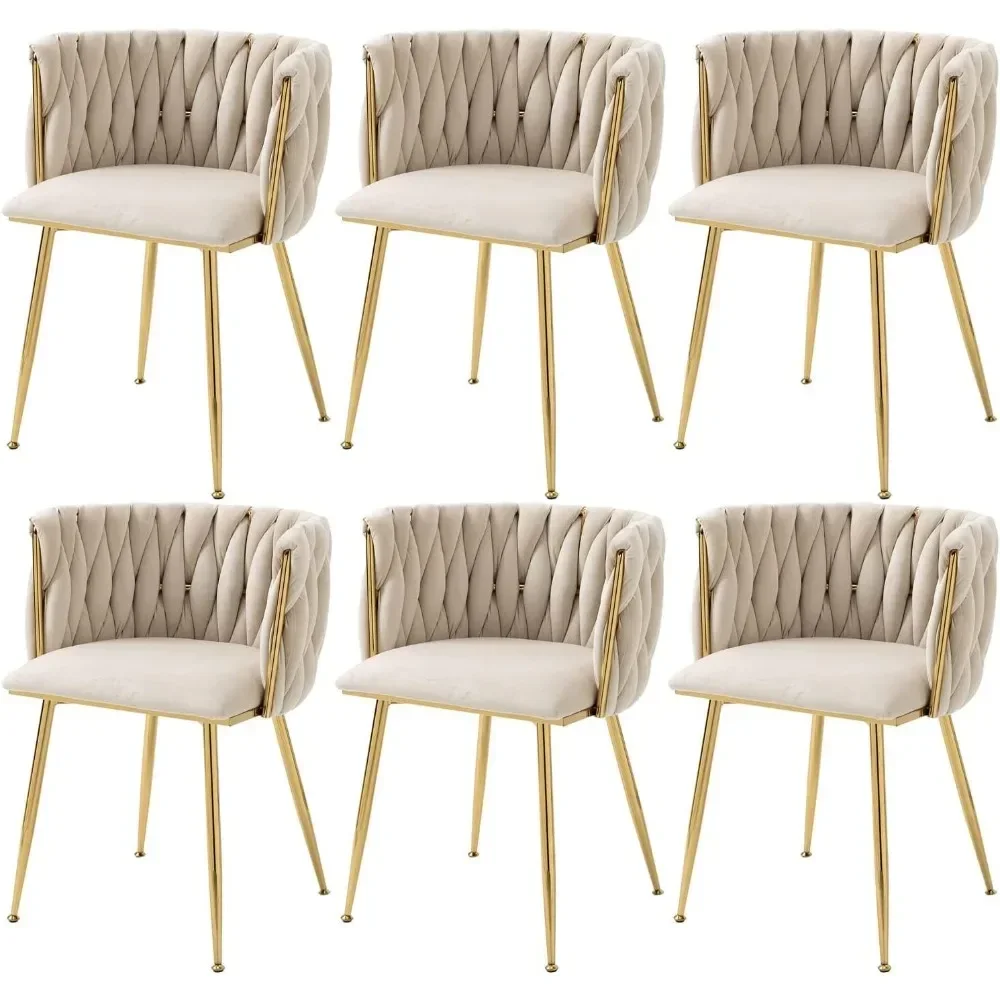 

Woven Dining Chairs Set of 6, Velvet Upholstered Dining Chairs with Gold Metal Legs,Modern Accent Chairs(Beige)