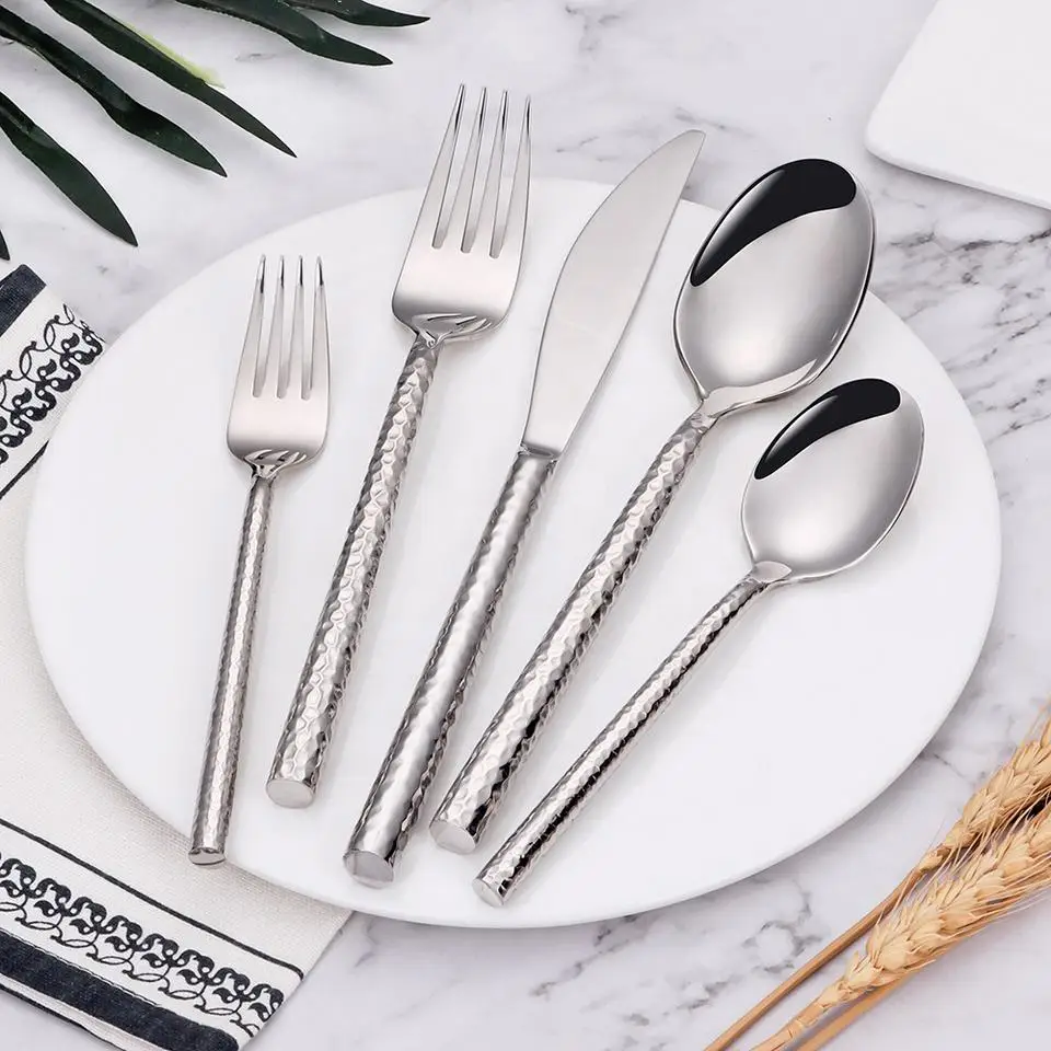 6/12/15Pcs Sliver Heavy Cutlery Stainless Steel 304 Tableware Western Dinner Set Mirror Hammer Pattern Handle Knife Fork Spoon