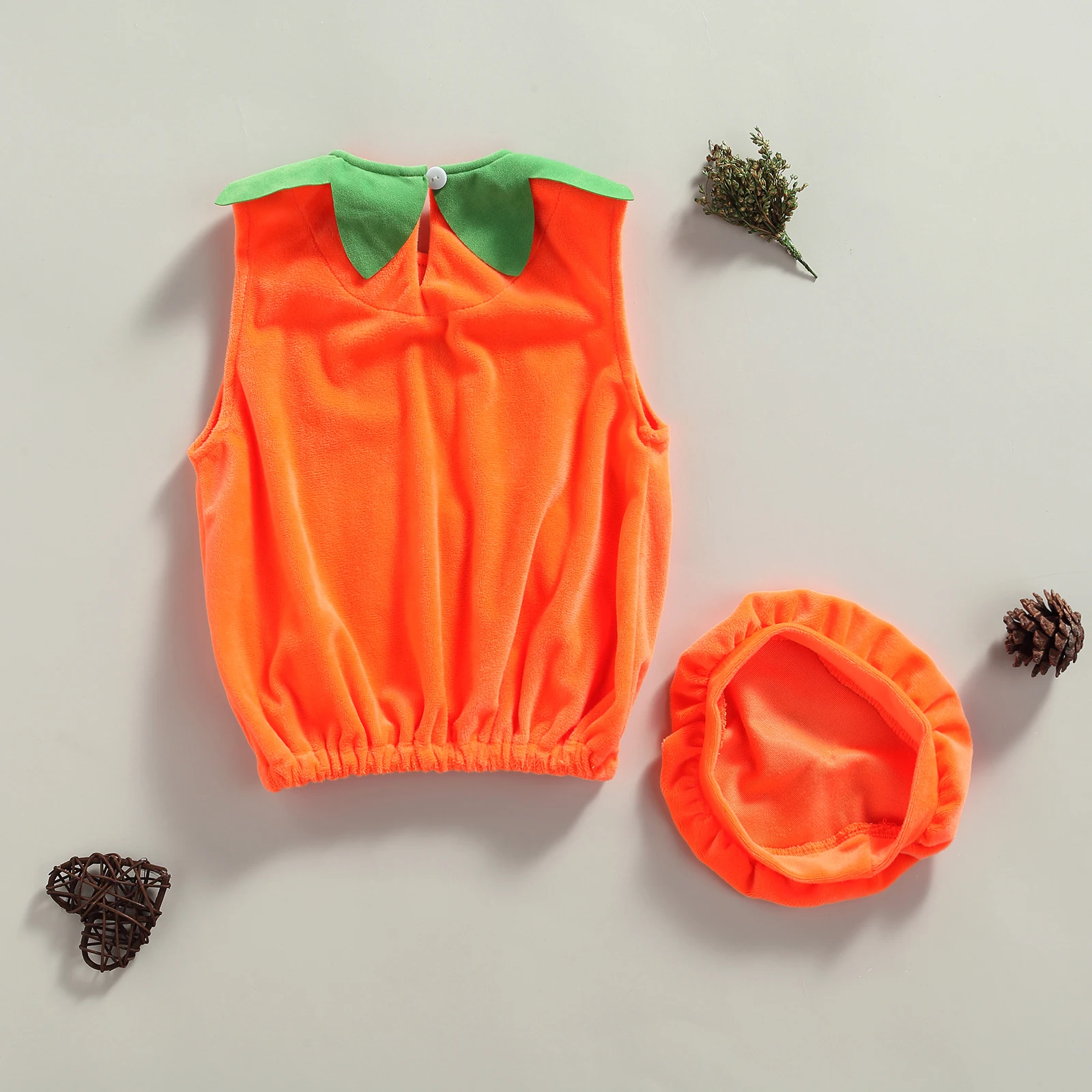 Babies Halloween Two-piece Clothes Set Orange Pumpkin Embroidery Pattern Sleeveless Tops and Cap