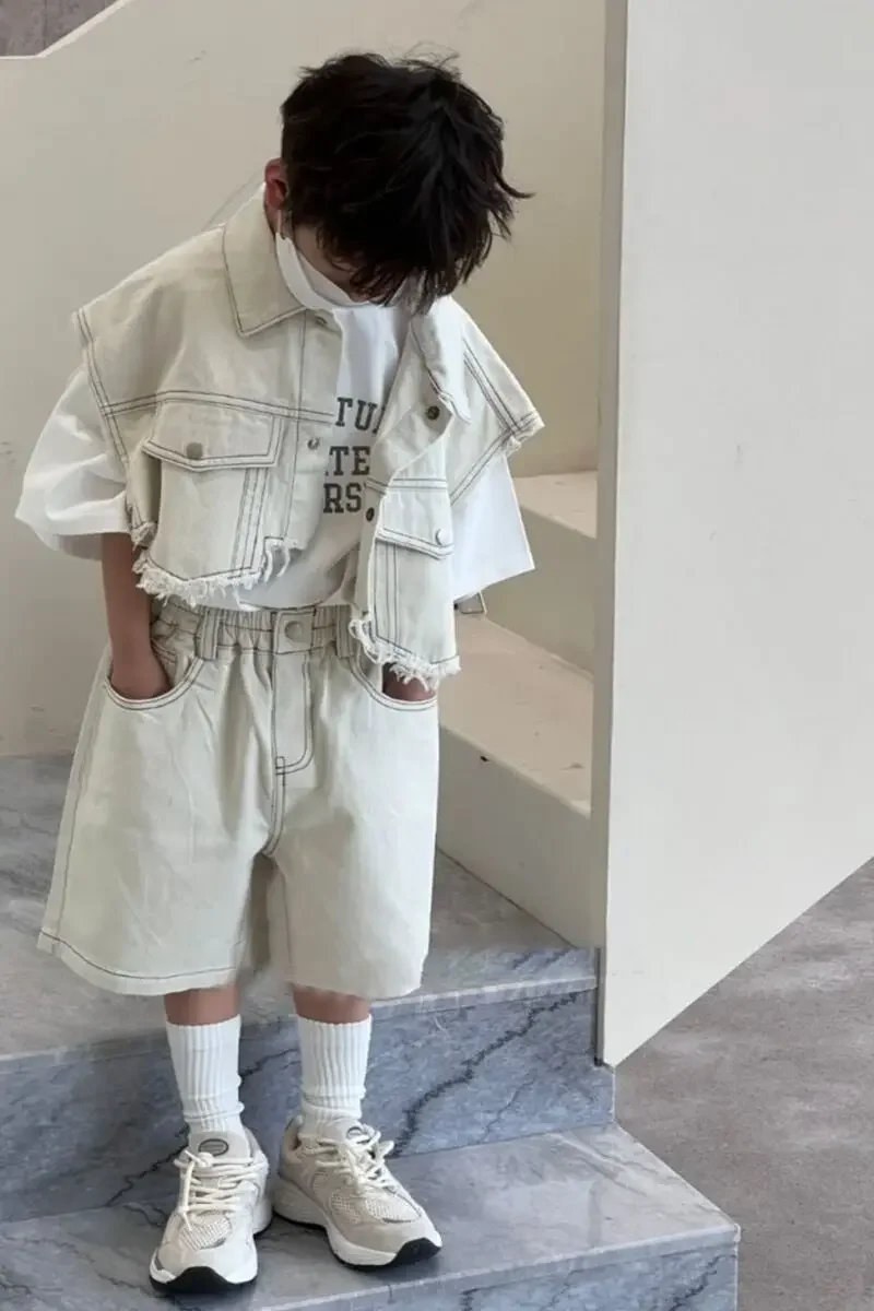 

Kids Sets Boys Summer Suit Korean New Fashion Casual Denim Sleeveless Single-Breasted Vest Knee-length Shorts Two Piece Set