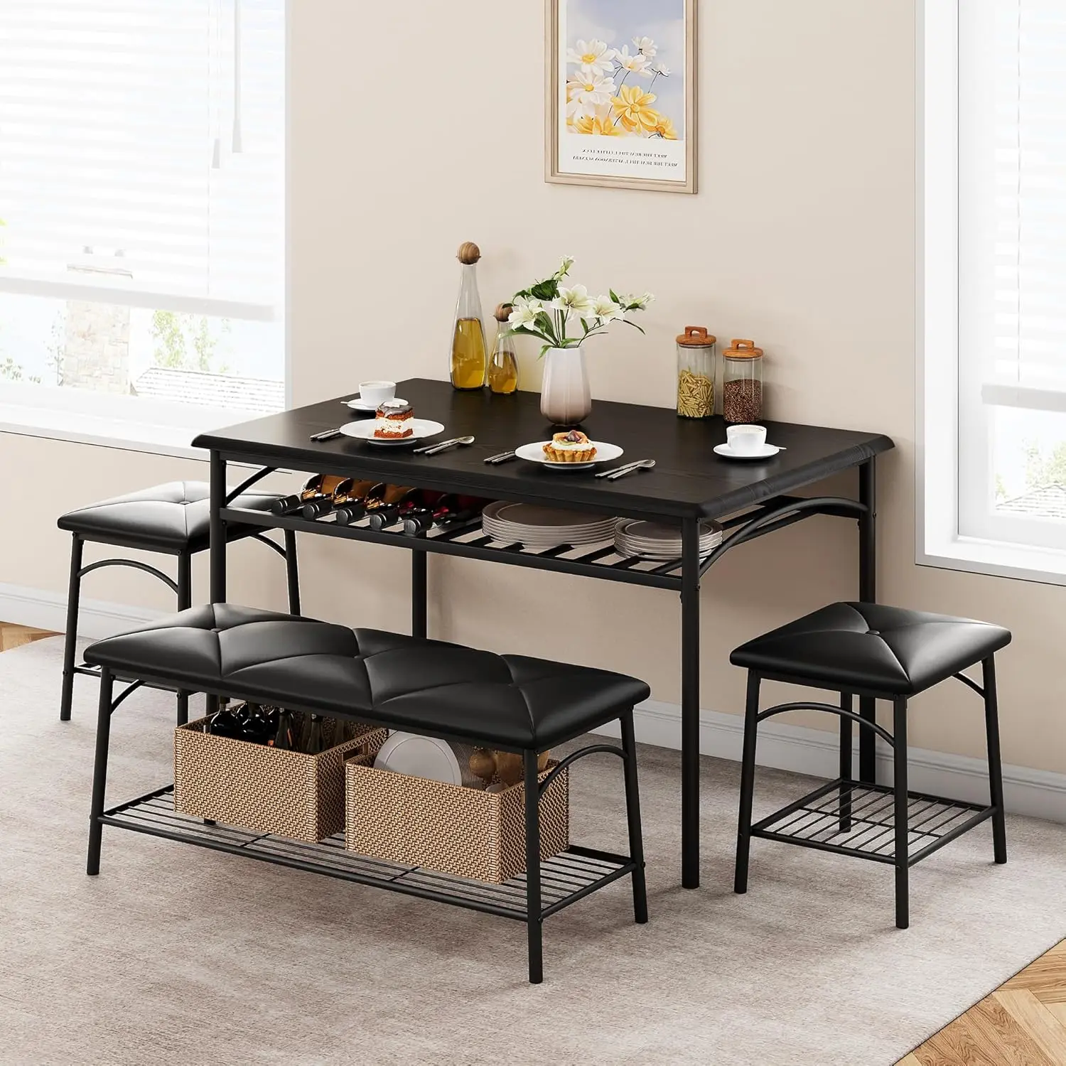 

Dining Table Set for 4, Kitchen Table Set of 4 with Upholstered Dining Bench and Square Stools, Dining Set for 4 with Storage fo