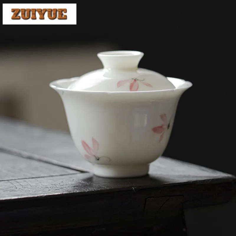 125ml Jade Porcelain Cover Bowl Household Hand Drawn Orchids Gaiwan Vintage Anti Scald Tea Tureen Tea Maker Tea Items Gifts