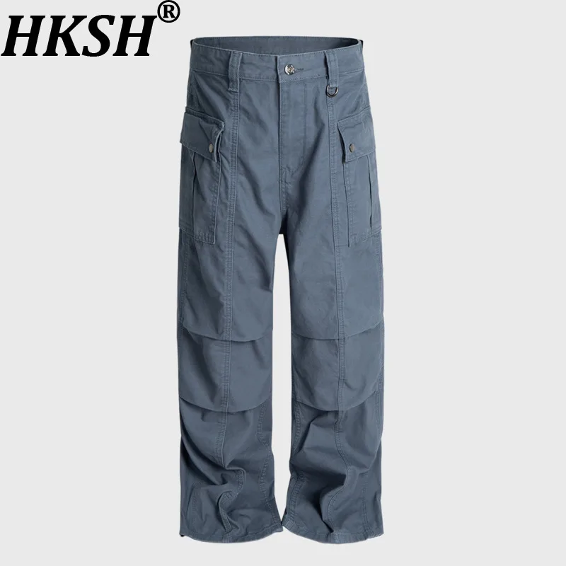 

HKSH осенние новые мужские брюки-карго, женские плиссированные брюки до колена, прямые облегающие повседневные трендовые комбинезоны с несколькими карманами, Ins HK17275