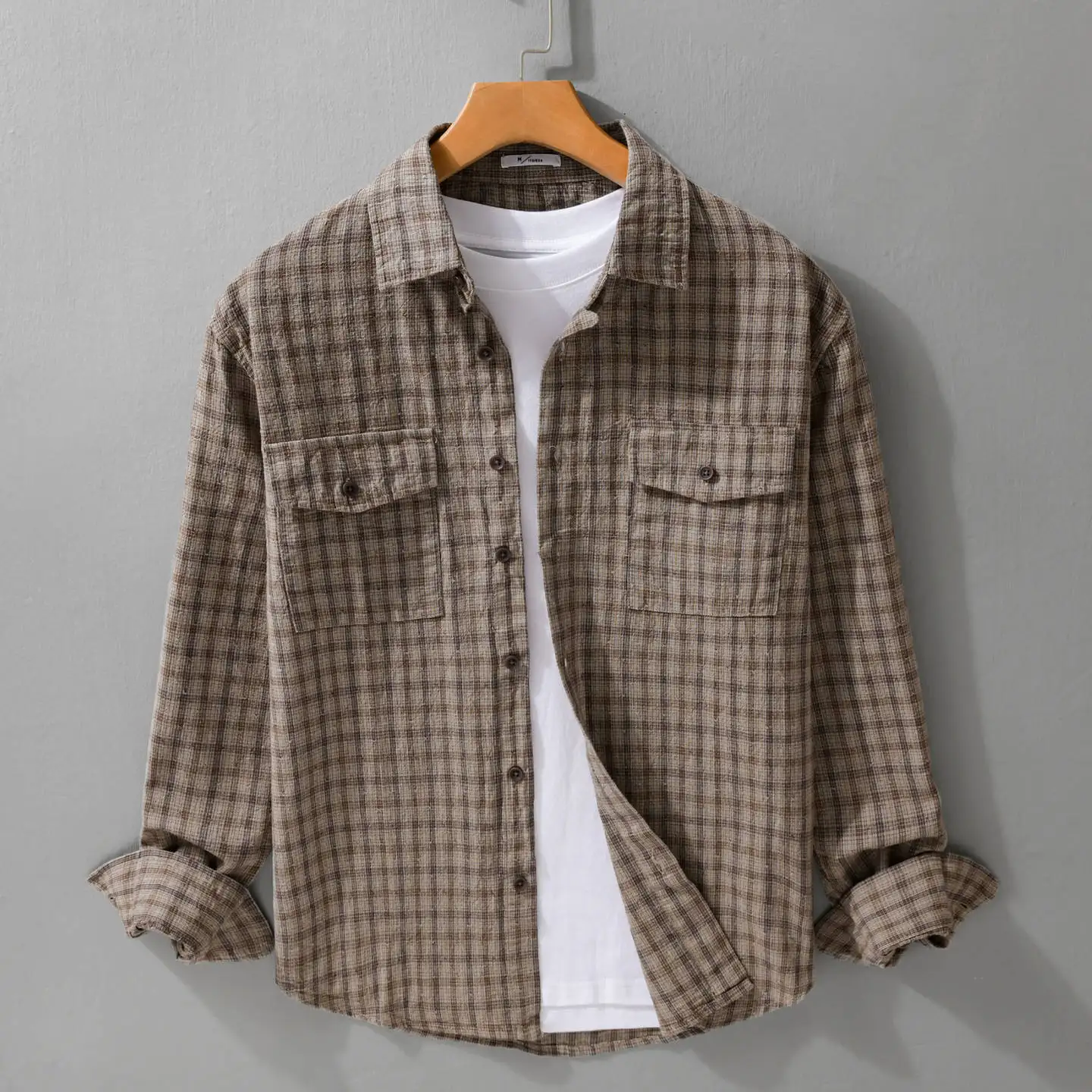 Men's Casual Pure Cotton Long Sleeve Shirt with Pocket Vintage Plaid Pattern Turn-down Collar Workwear Style All-Season Shirt