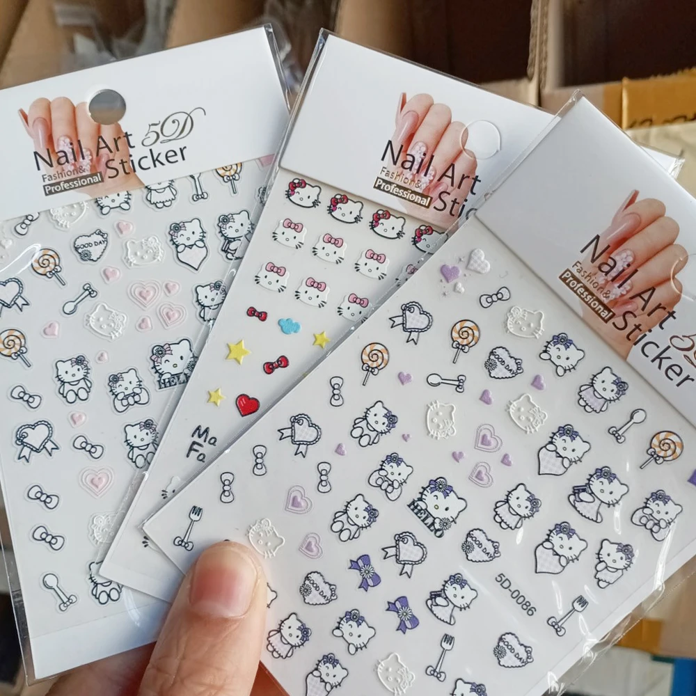 3 Pz/lotto 5D Rosa Rosso Blu Hello Kitty Adesivi Per Unghie In Rilievo Sveglio Del Fumetto Kitty Gatto Arco Decalcomanie Per Unghie Kawaii Kitty Manicure Slider