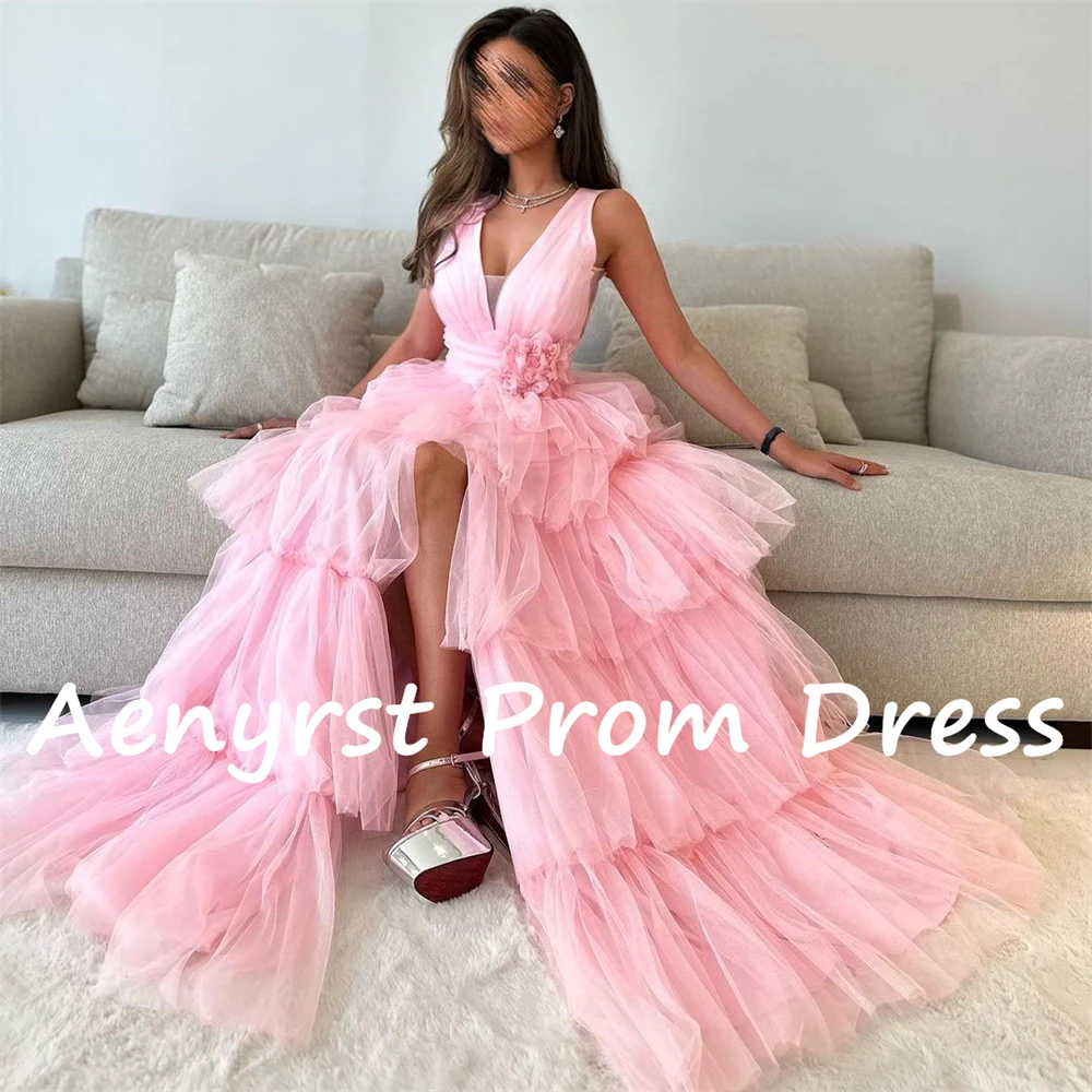 Aenyrst-Robes de Rhen tulle rose à col en V avec fleurs 3D, ligne A fendue, bretelles spaghetti, robe de soirée, quelle que soit la longueur au sol, robe de fête d'anniversaire