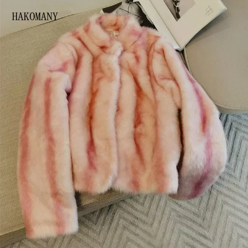 2023 Autumn Winter Contrast Color Pink Striped Hairy Shaggy Faux Fur Jacket Stand Collar Full Sleeve Furry Coat Party Outercoat