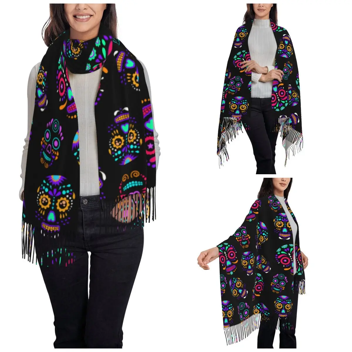 Colorful Sugar Skull Shawl Wraps for Womens Winter Warm Long Soft Scarf Floral Gothic Pashminas Shawl Scarves