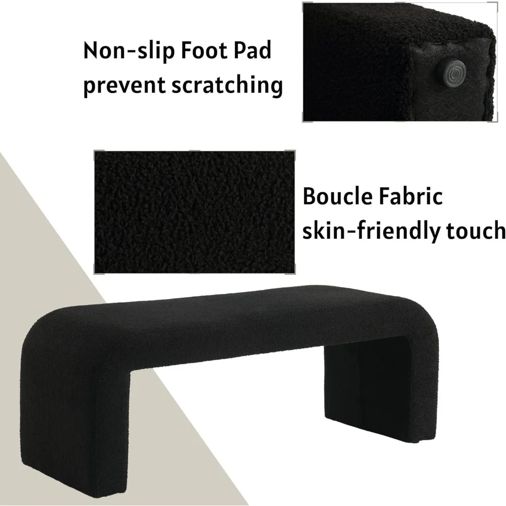مقعد أسود مقاس 49.5 بوصة من الفرو الصناعي مريح منجد من قماش تيدي نهاية السرير العثماني لغرفة النوم ومدخل غرفة المعيشة، Bla