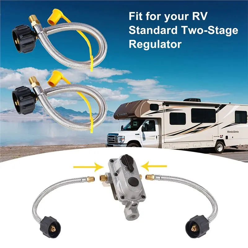 AB66-الفولاذ المقاوم للصدأ مضفر لمنظم مرحلتين 2-Pack 1/4 NPT RV خرطوم البروبان، 15 بوصة لموصل ضفيرة خزان البروبان