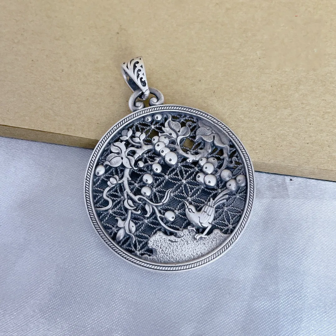 100% 999 Sterling Silver Pendant female retro round plum blossom deer artistic temperament