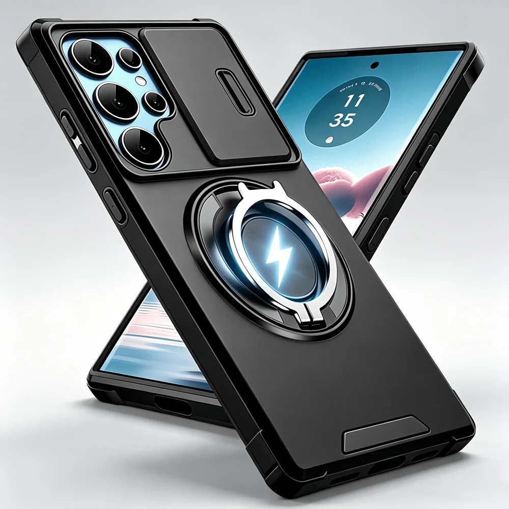 New Antifall Heavy Stand Hard Phone Case for Galaxy S26 S24 S23 S22 Ultra S26 S25 S26 S25 S24FE Sliding Lens Protection Cover