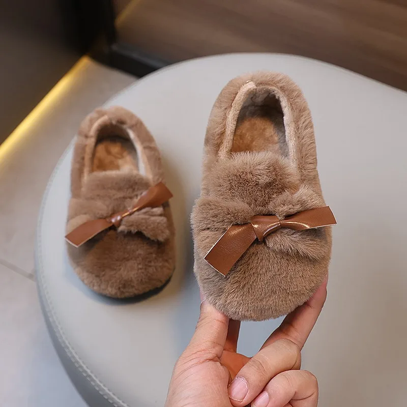 Sweet Girls Plush Shoes Kids' Winter Shoes Soft Furry Hairy Flats Fashion Bowknot Warm Children Causal Shoes Versatile Round-toe