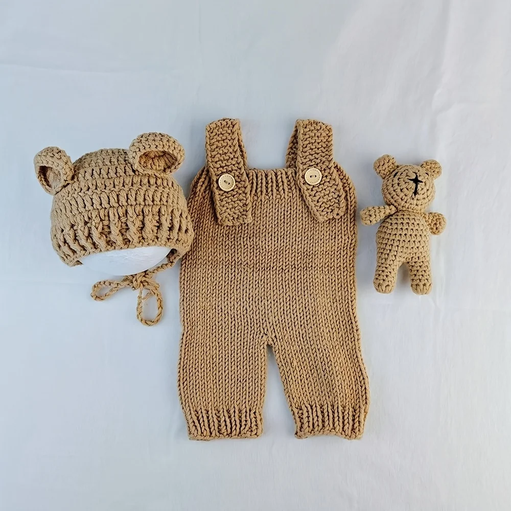 

3pcs Hand Woven Bear Bunny Newborn Photography Outfit Shorts Hat Romper Set for Baby Boys Girls Polyester Fiber Perfect Souvenir
