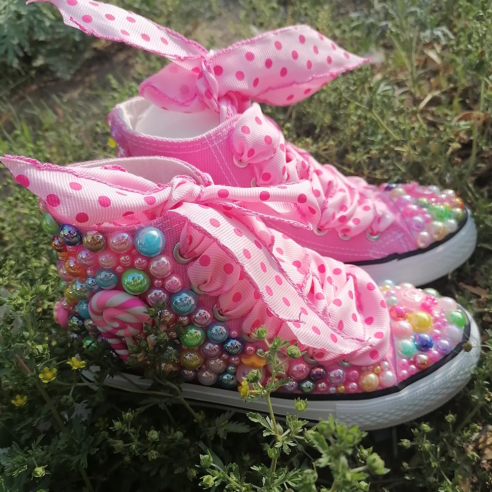 Handmade Rhinestones Bling Girls Womens Kids And Mother Candy Canvas Shoes Pearls Sneakers For Girl Birthday Party Wedding