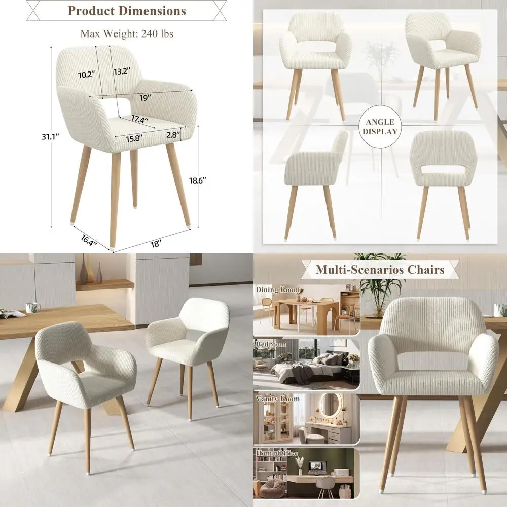 

Beige Corduroy Makeup Vanity Chair with Hollow Backrest, Comfortable Wood and Metal Desk Chair Set