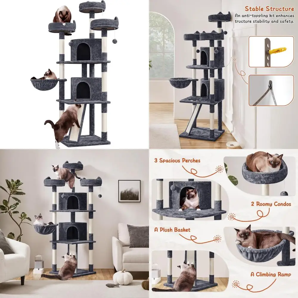 

76-дюймовая многоуровневая кошачья башня с большим кондоминированием и уютными жердонами: устойчивый игровой домик с когтеточками с покрытием из сизаля