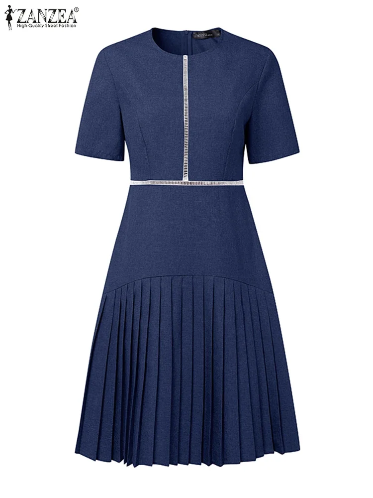 Elegancka sukienka letnia do kolan ZANZEA 2025, damska, plisowana, z dekoltem typu O, w kształcie litery A, na imprezę, sukienka w jednolitym kolorze, luźna, codzienna.