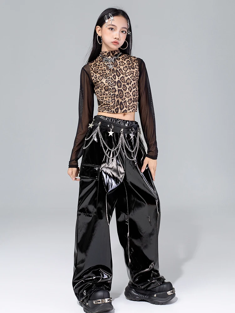 Vêtements de danse Jazz pour filles, gilet imprimé léopard, haut en maille, pantalon noir, mode Kpop, Costume de spectacle, vêtements de danse de rue, 4576