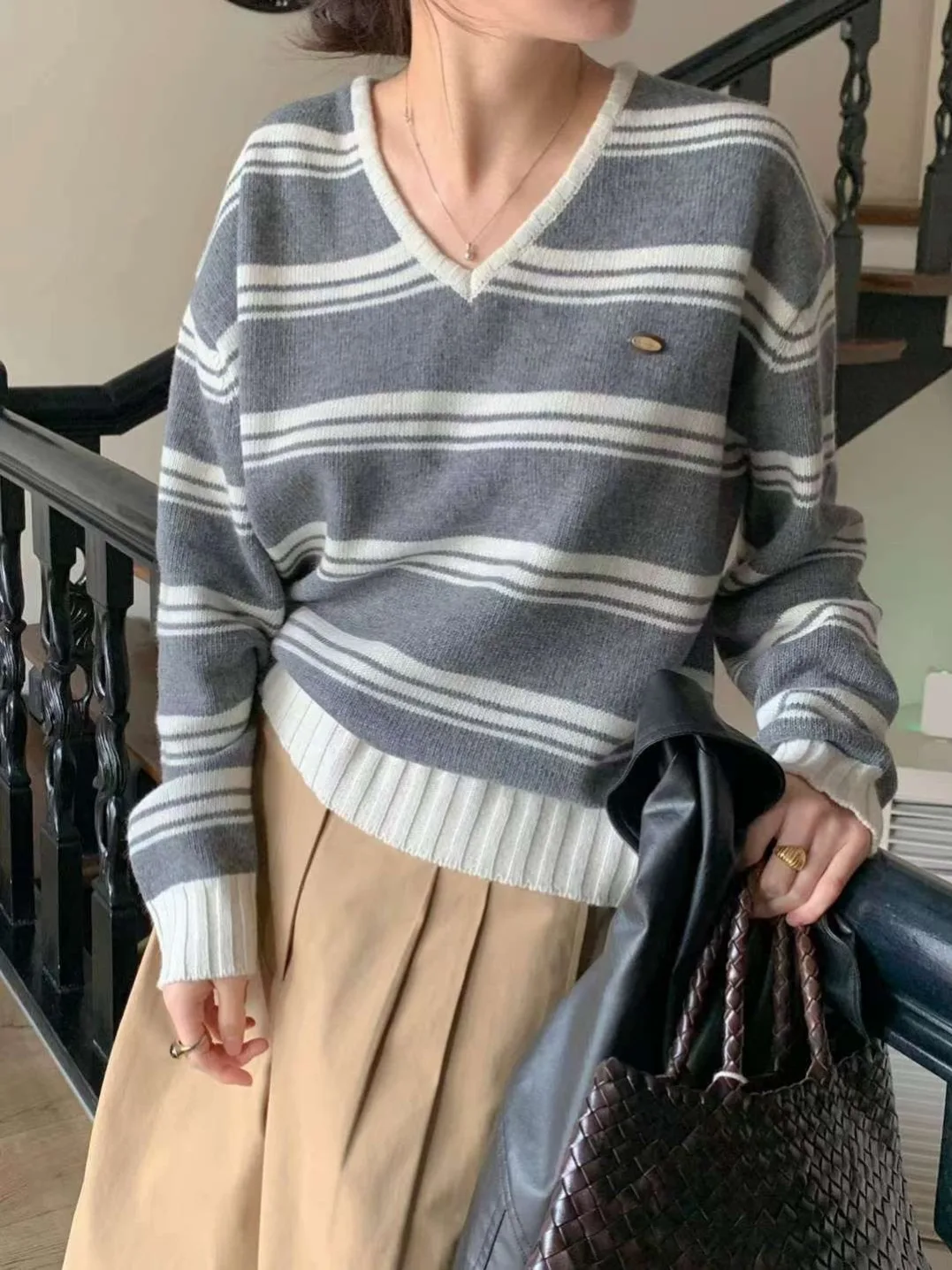 Chique herfst nieuwe vintage luie Sle V-ne kleur Blo zachte veelzijdige afslankende lange Sve gebreide trui voor dames