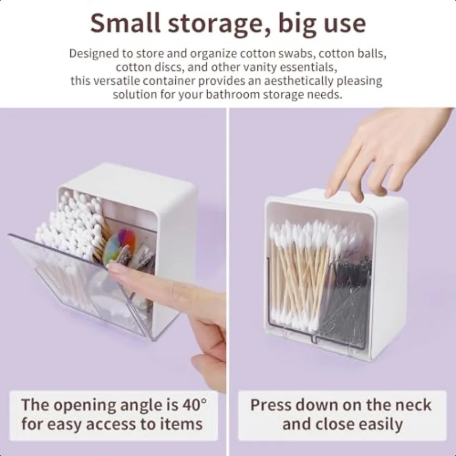 ที่ใส่ทิปแบบมี 2 ช่อง พร้อมฝาปิดใส แบ่งช่องได้ สำหรับใส่ทิปสำลีพันก้าน ทิปสำลีกลม ไหมขัดฟัน บนโต๊ะในห้องน้ำ