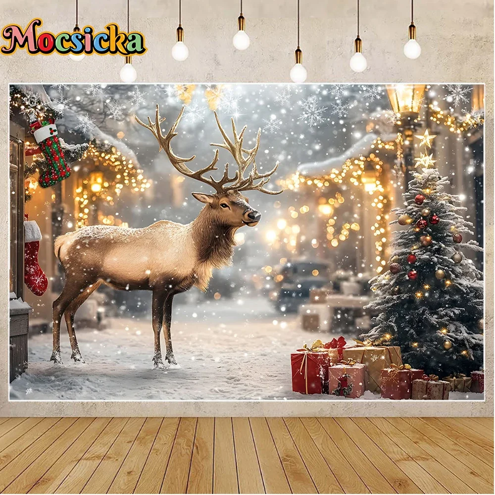Mocsicka Natale Cervo Sfondo fotografico Inverno Casa calda Sfondo fotografico Studio Sfondo di compleanno nero e oro Puntelli
