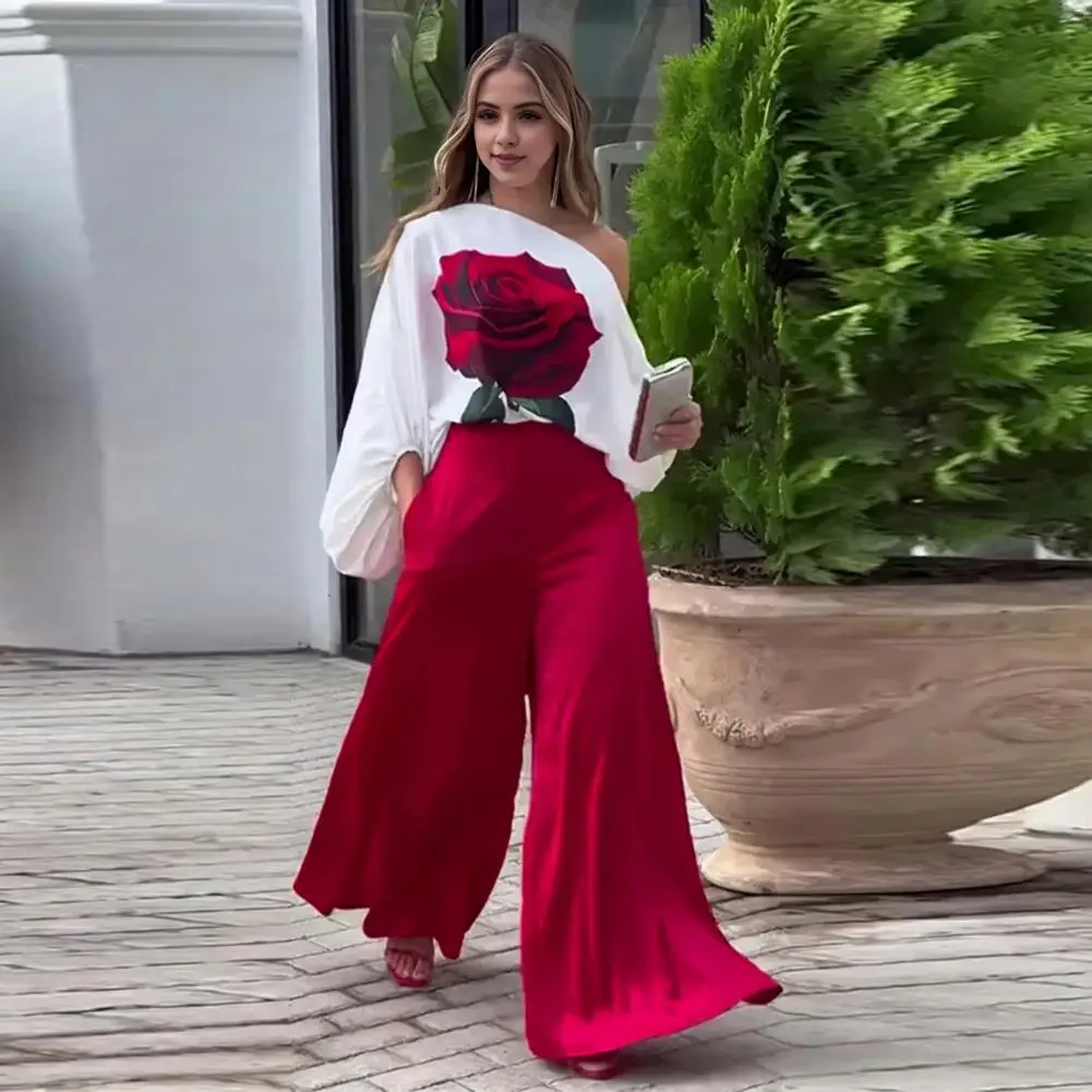 

2 Pcs/Set Women Top Pants Set 3D Rose Print Slant Neck Long Bat Sleeve Wide Leg OL Commute Style Pockets Blouse Trousers Set