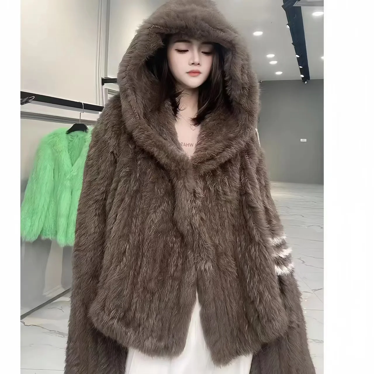 Real Rex Rabbit Fur Coat Women，Hooded Thick Warm Loose Jacket，Open Stitch High Quality Overcoat Female Clothing，Winter， New